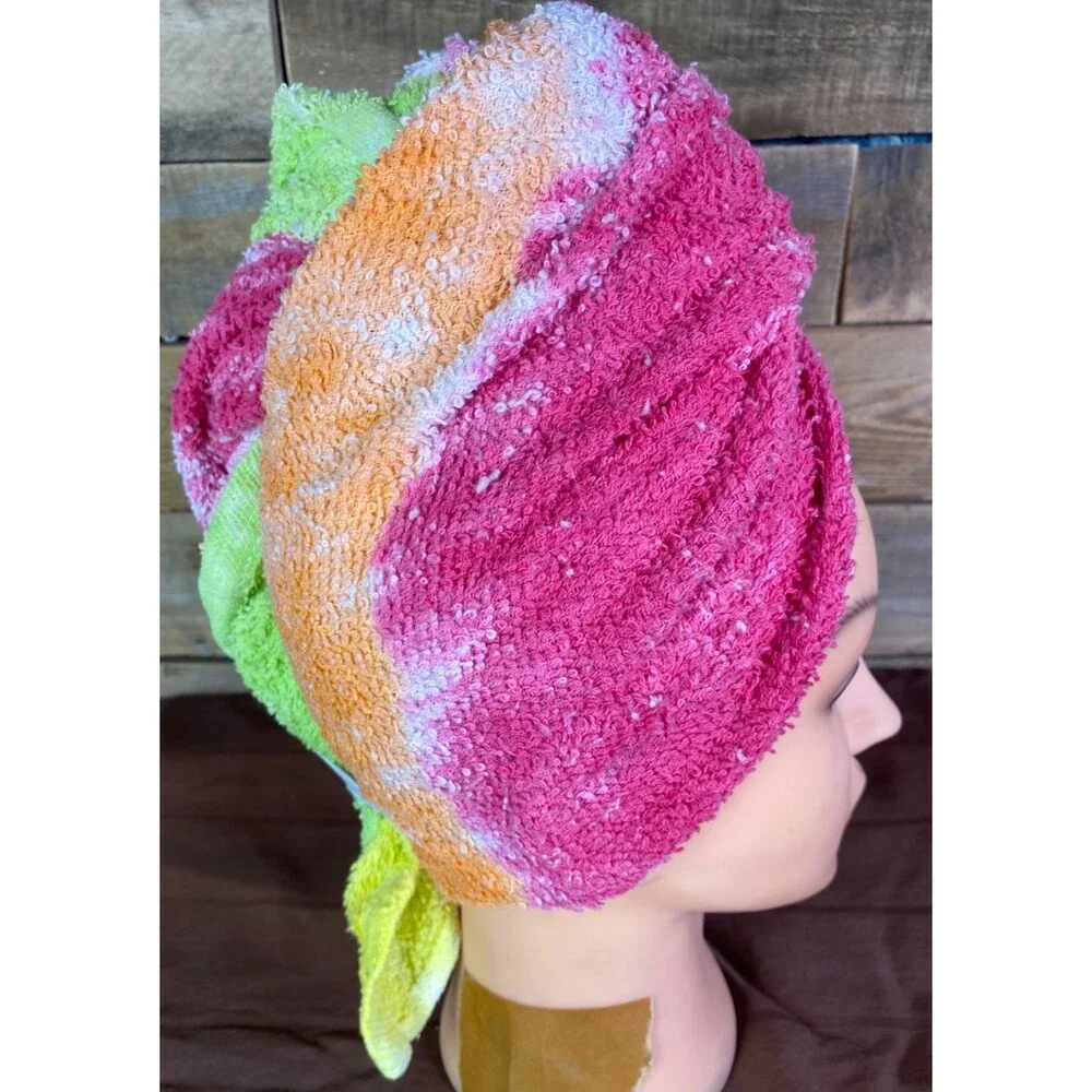 Tie Dye Hair Wrap Towel Soft 100% Cotton Yellow Pink Orange Handmade 20X40 in